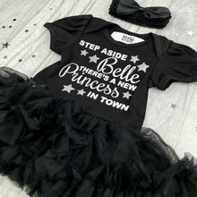 Load image into Gallery viewer, &#39;Step Aside Belle There&#39;s A New Princess In Town&#39; Disney Black Tutu Romper With Bow Headband
