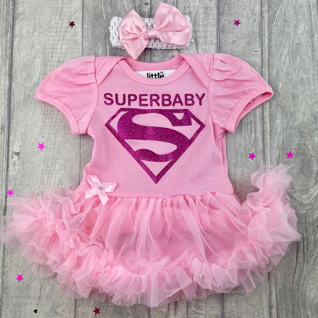 SUPERBABY Superhero, Baby Girl Superman Tutu Romper with Headband - Little Secrets Clothing