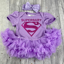 Load image into Gallery viewer, SUPERBABY Superhero, Baby Girl Superman Tutu Romper with Headband - Little Secrets Clothing
