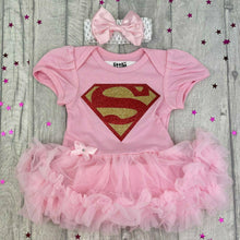 Load image into Gallery viewer, Baby Girl Pink Superman Superhero Tutu Romper With Matching Bow Headband, Super-Girl Newborn Baby Gift
