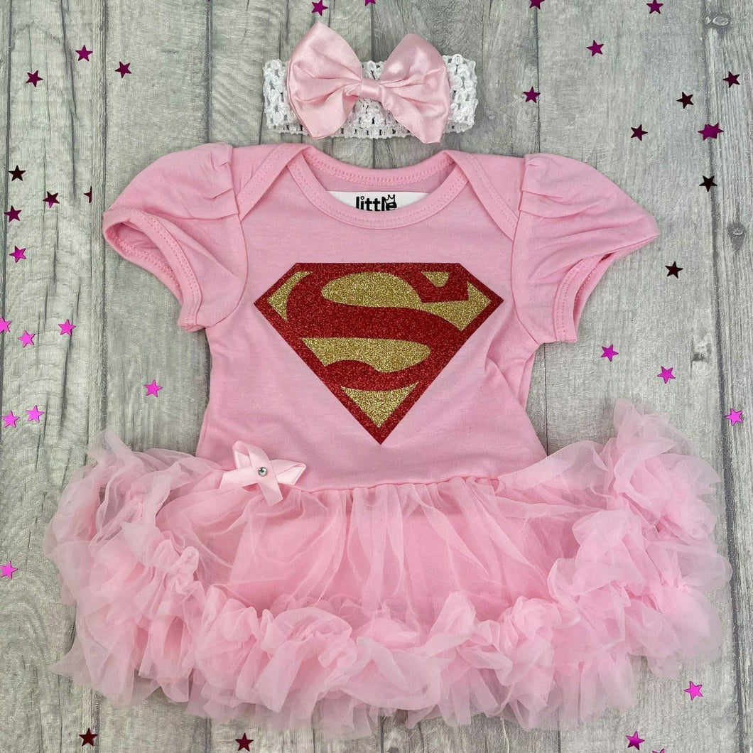 Baby Girl Pink Superman Superhero Tutu Romper With Matching Bow Headband, Super-Girl Newborn Baby Gift