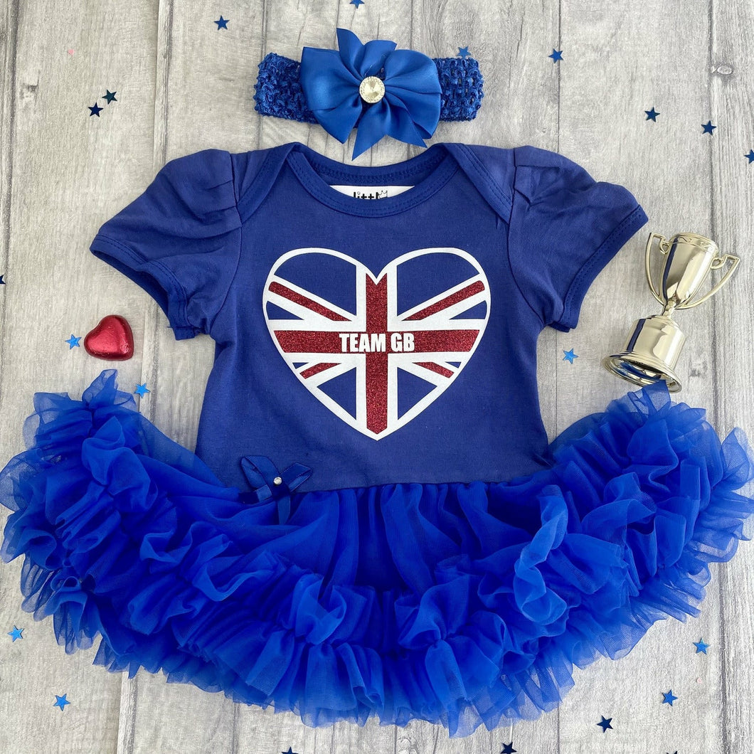 Union Jack 'TEAM GB' Love Heart, Olympic Royal Blue Tutu Romper with Matching Bow Headband, Tokyo 2020, Baby Girl Olympics Sports Outfit