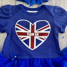 Load image into Gallery viewer, Union Jack &#39;TEAM GB&#39; Love Heart, Olympic Royal Blue Tutu Romper with Matching Bow Headband, Tokyo 2020, Baby Girl Olympics Sports Outfit
