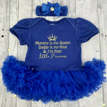 Load image into Gallery viewer, &#39;Mummy Is My Queen, Daddy Is My King &amp; I&#39;m Their Little Princess&#39; Baby Girl Tutu Romper With Matching Bow Headband
