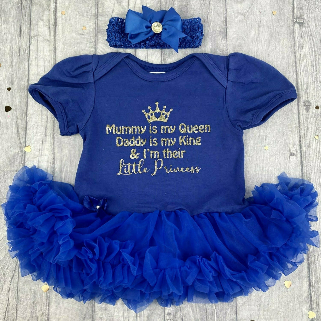 'Mummy Is My Queen, Daddy Is My King & I'm Their Little Princess' Baby Girl Tutu Romper With Matching Bow Headband