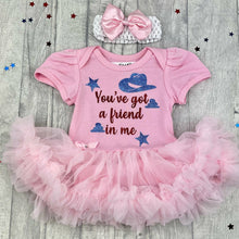 Load image into Gallery viewer, Disney &#39;You&#39;ve Got A Friend In Me&#39; Baby Girl Tutu Romper With Matching Bow Headband, Toy Story Woody Quote
