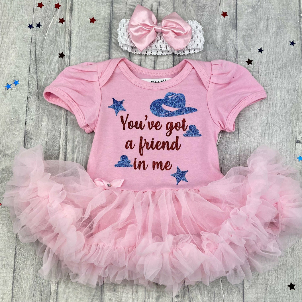 Disney 'You've Got A Friend In Me' Baby Girl Tutu Romper With Matching Bow Headband, Toy Story Woody Quote