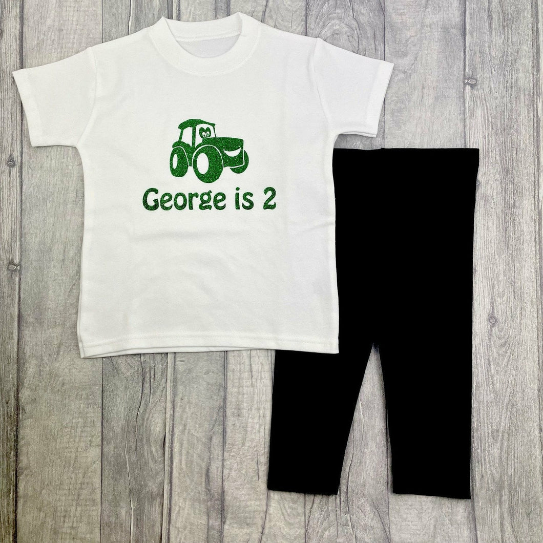 Personalised Birthday White Tractor T-Shirt with Matching Leggings, First or Second Birthday Outfit Set