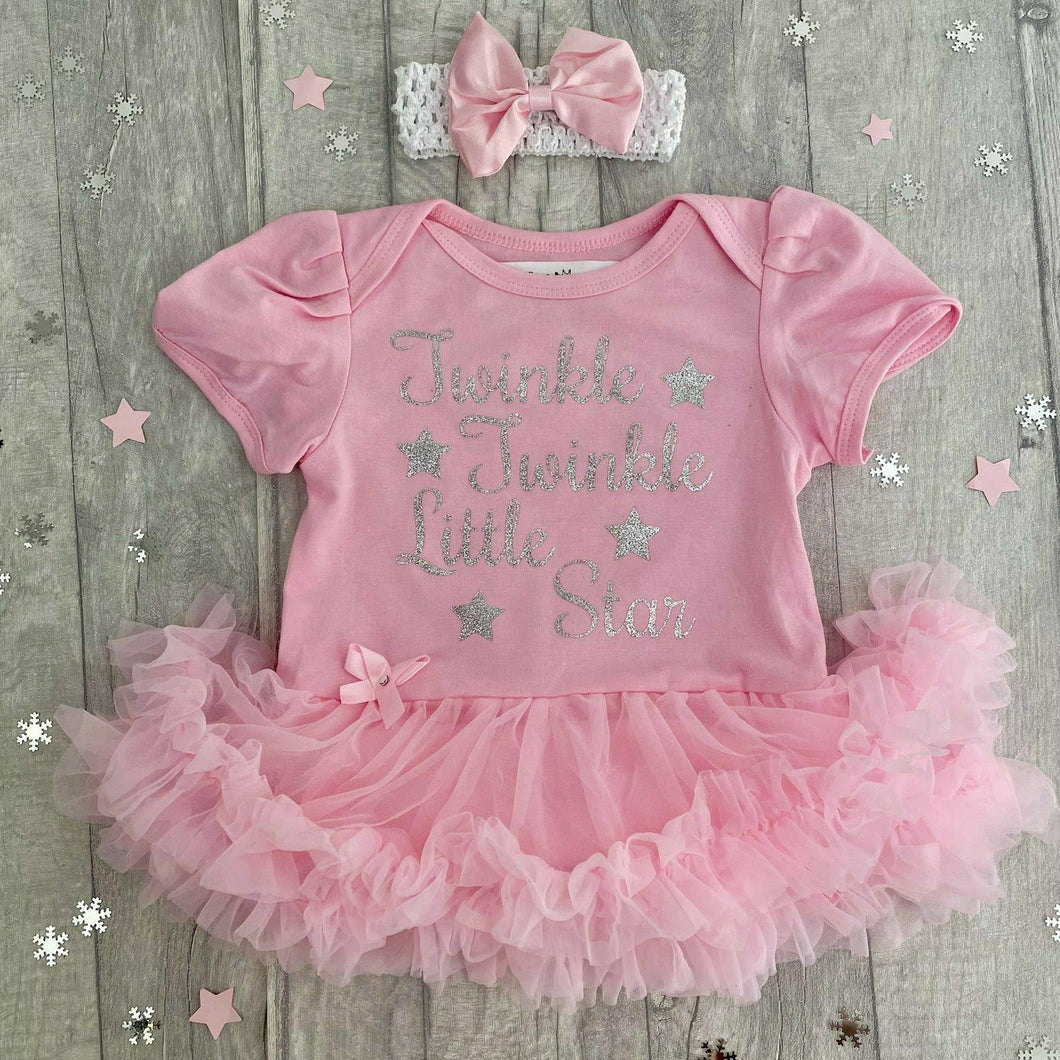 'Twinkle Twinkle Little Star' Baby Girl Tutu Romper With Matching Bow Headband, Christmas Silver Text