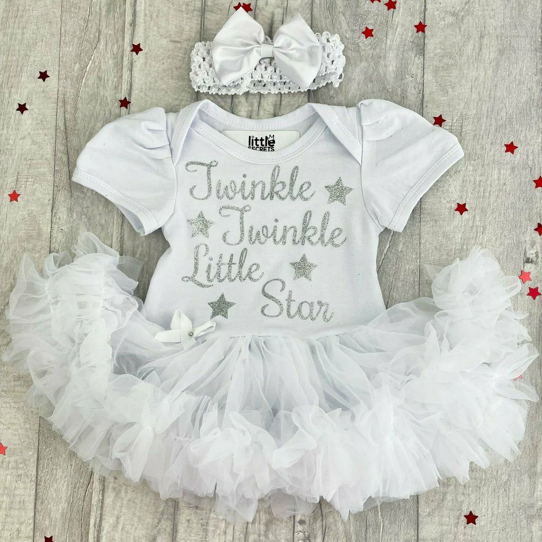 'Twinkle Twinkle Little Star' Baby Girl Tutu Romper With Matching Bow Headband, Christmas Silver Text
