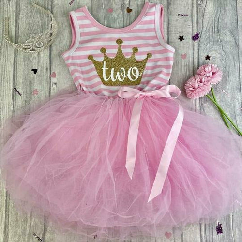 Girls 2nd Birthday, Pink and White Sleeveless Stripe Birthday Tutu Dress with Gold crown and white number two.