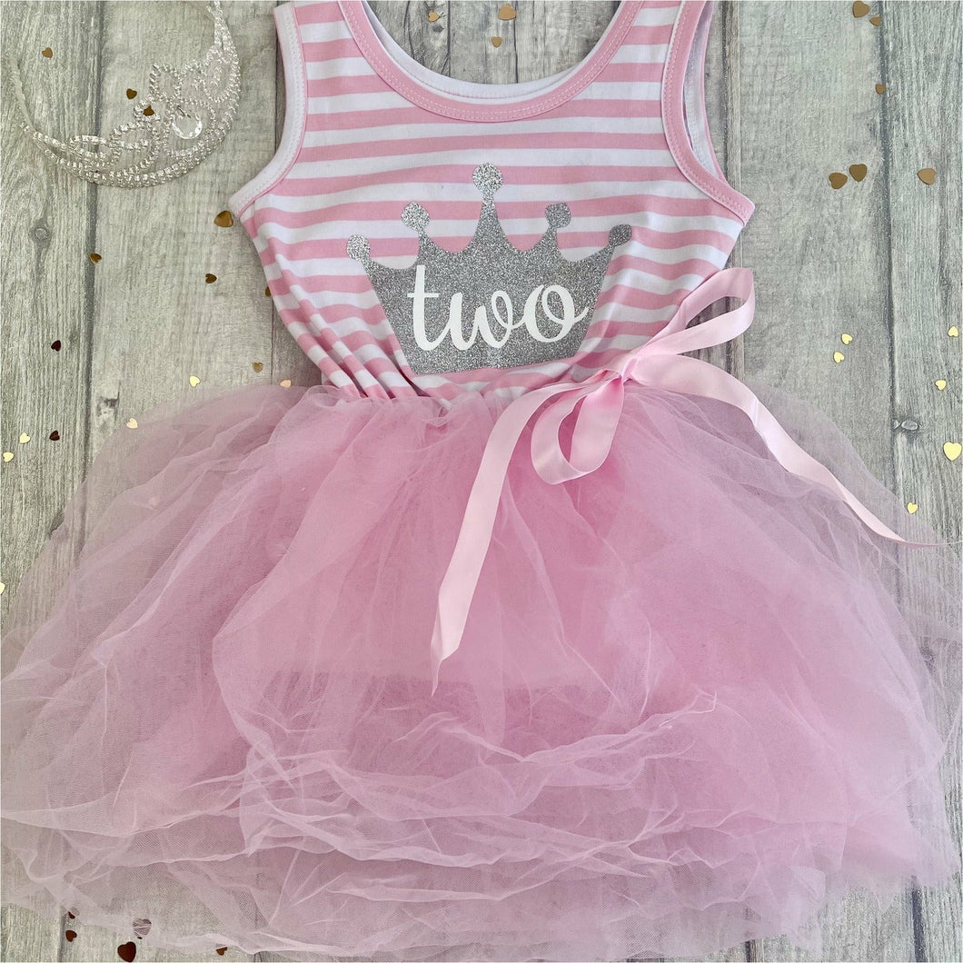 Girl’s 1st, 2nd, 3rd, 4th, 5th, 6th Birthday Dress, Silver Crown Birthday Girls Light Pink Sleeveless Stripe Dress