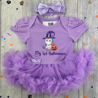 Baby Girl 1st Halloween Pumpkin Unicorn Tutu Romper With Matching Headband - Little Secrets Clothing