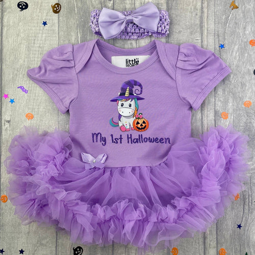 Baby Girl 1st Halloween Pumpkin Unicorn Tutu Romper With Matching Headband - Little Secrets Clothing