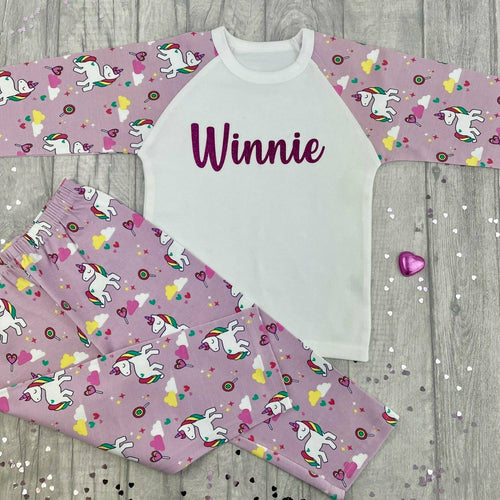 Personalised Unicorn Print Girls Pyjamas with glitter name