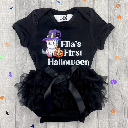 Baby Girl First Halloween Outfit, Pumpkin Unicorn Romper and Bloomer Shorts