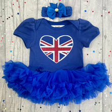 Load image into Gallery viewer, Baby Girls Union Jack Heart Tutu Romper Dress, King&#39;s Coronation
