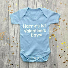 Load image into Gallery viewer, Personalised &#39;1st Valentine&#39;s Day&#39; Short Sleeve Romper, White Glitter Text
