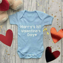 Load image into Gallery viewer, Personalised &#39;1st Valentine&#39;s Day&#39; Short Sleeve Romper, White Glitter Text
