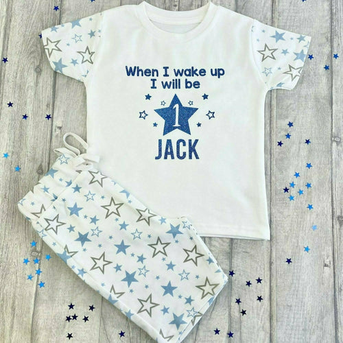 Products Personalised 'When I Wake Up I Will Be' Blue and White Star Shorts Birthday Boys Pyjamas, Summer PJs