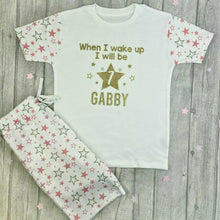 Load image into Gallery viewer, Products Personalised &#39;When I Wake Up I Will Be&#39; Pink and White Star Shorts Birthday Girls Pyjamas, Summer PJs
