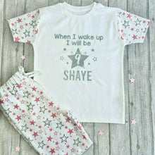 Load image into Gallery viewer, Products Personalised &#39;When I Wake Up I Will Be&#39; Pink and White Star Shorts Birthday Girls Pyjamas, Summer PJs
