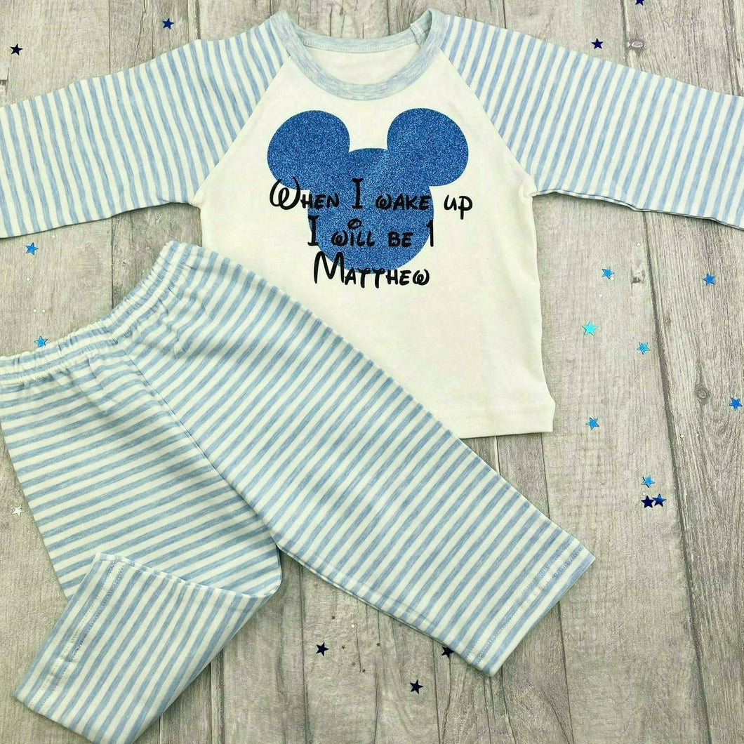 Personalised 'When I Wake Up I Will Be' Mickey Mouse Blue And White Stripe Birthday Boy Pyjamas, Disney