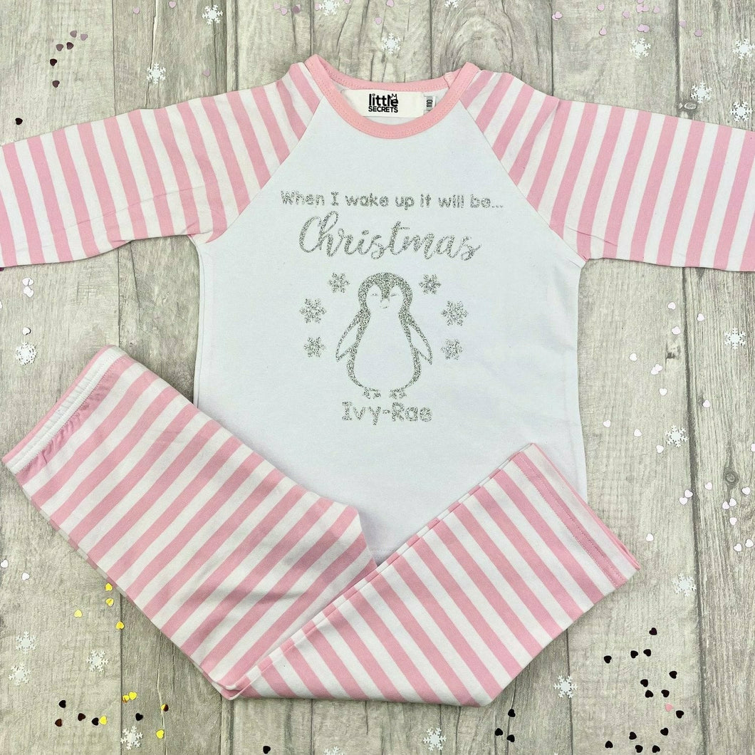 Personalised When I Wake Up It Will Be... Christmas Pyjamas, Red, Pink, or Blue Striped Christmas Pyjamas