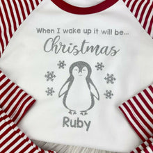 Load image into Gallery viewer, Personalised When I Wake Up It Will Be... Christmas Pyjamas, Red, Pink, or Blue Striped Christmas Pyjamas
