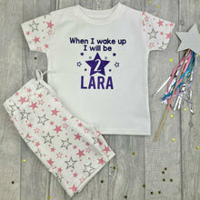 Load image into Gallery viewer, Personalised &#39;When I Wake Up I Will Be&#39; Pink and White Star Shorts Birthday Girls Pyjamas, Summer PJs
