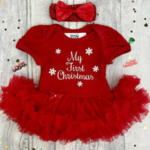 Load image into Gallery viewer, My First Christmas Baby Girl Red Tutu Romper With Bow Headband, White Glitter Snowflakes - Little Secrets Clothing
