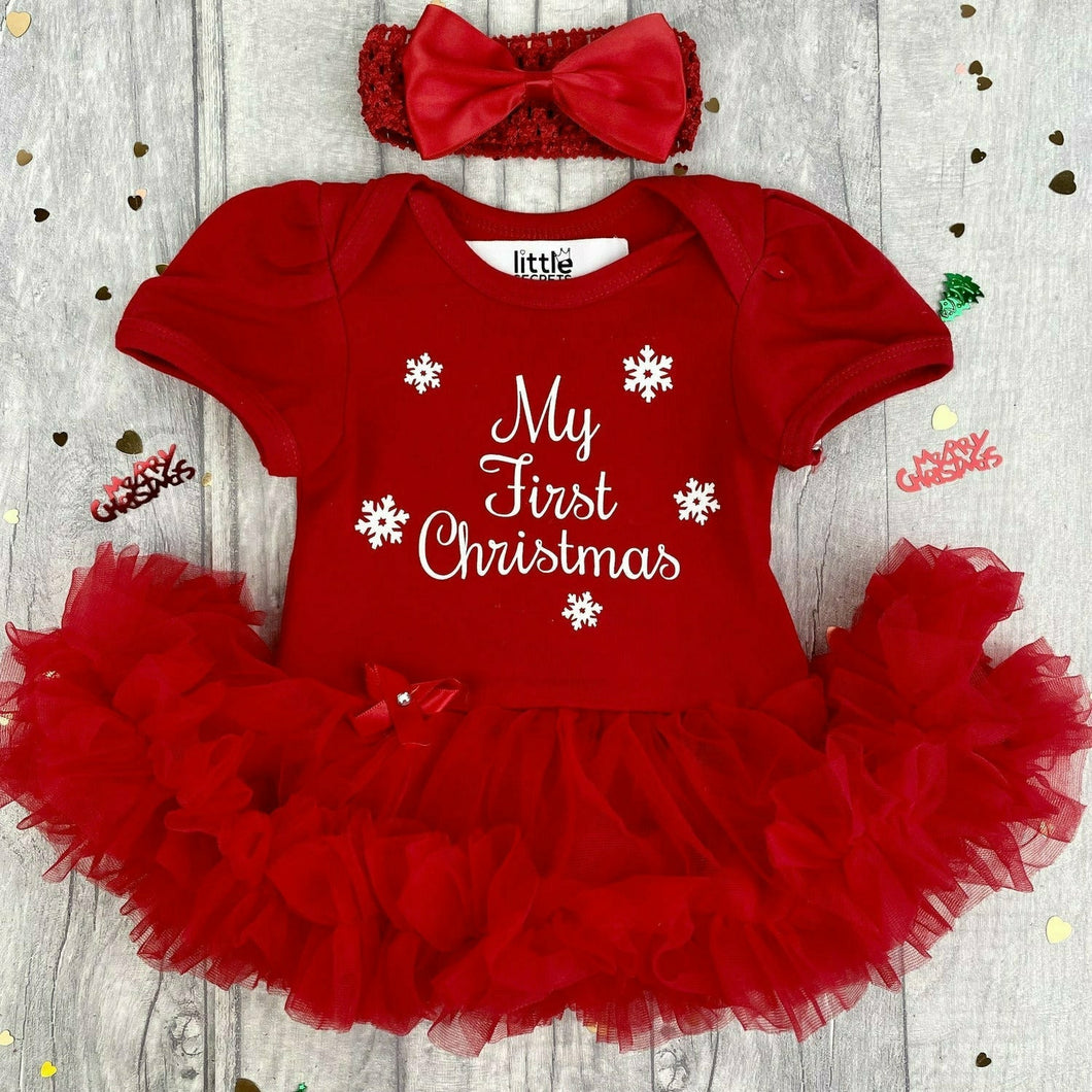 My First Christmas Baby Girl Red Tutu Romper With Bow Headband, White Glitter Snowflakes - Little Secrets Clothing