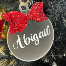 Load image into Gallery viewer, Personalised Christmas Bauble with Glitter Bow, Flat Christmas Decoration
