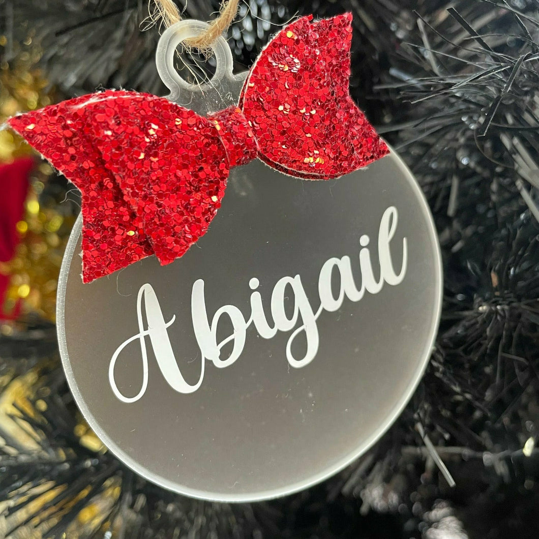 Personalised Christmas Bauble with Glitter Bow, Flat Christmas Decoration