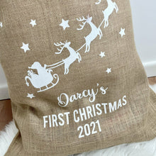 Load image into Gallery viewer, Baby&#39;s First Christmas Gift Sack, Father Christmas Sleigh Personalised, Baby&#39;s 1st Christmas Gift
