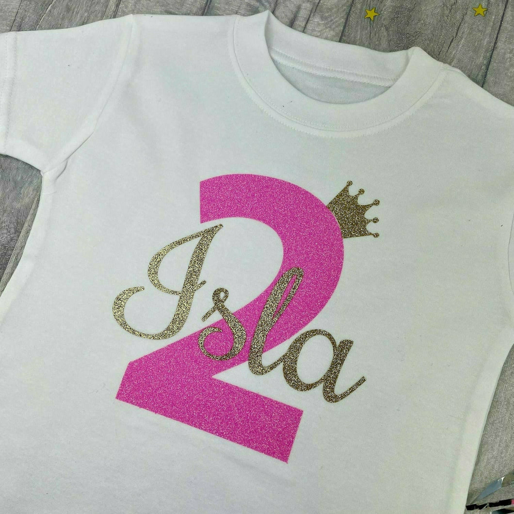 Girl's Personalised Birthday T-shirt with Name, Age and Crown, White T-shirt aged 1-5 years