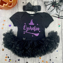 Load image into Gallery viewer, Witch Hat And Broom Baby Girl Personalised Halloween Tutu Romper With Matching Bow Headband, Purple Glitter Design
