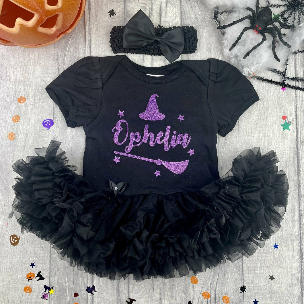 Baby Girl Personalised Witch Halloween Black Tutu Romper with Bow Headband