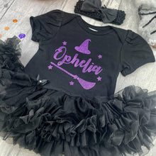 Load image into Gallery viewer, Baby Girl Personalised Witch Halloween Black Tutu Romper with Bow Headband

