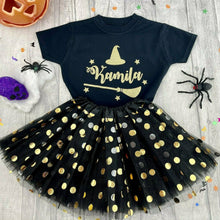 Load image into Gallery viewer, Personalised Witch T-shirt with Matching Black &amp; Gold Tutu 1-6 years, Halloween - Little Secrets Clothing
