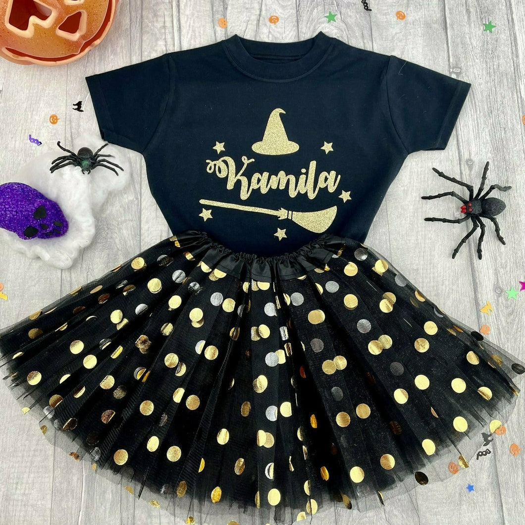 Personalised Witch T-shirt with Matching Black & Gold Tutu 1-6 years, Halloween - Little Secrets Clothing