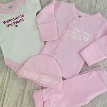 Load image into Gallery viewer, Personalised Luxury 4 Piece Premature Baby Clothing Set, Including Welcome To The World Romper, Hat, Cardigan and Pants
