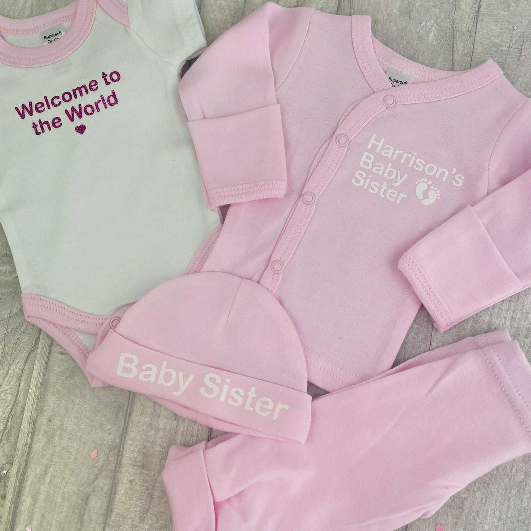 Personalised Luxury 4 Piece Premature Baby Clothing Set, Including Welcome To The World Romper, Hat, Cardigan and Pants