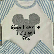 Load image into Gallery viewer, Personalised &#39;When I Wake Up I Will Be&#39; Mickey Mouse Blue And White Stripe Birthday Boy Pyjamas, Disney
