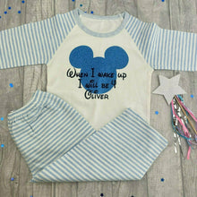 Load image into Gallery viewer, Personalised When I Wake Up I Will Be Mickey Mouse Blue And White Stripe Birthday Boy Pyjamas, Disney
