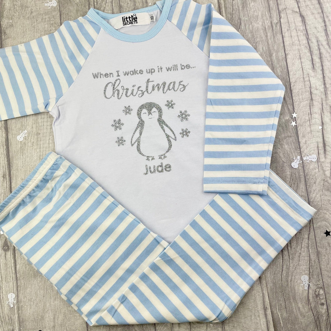 Personalised When I Wake Up It Will Be... Christmas Pyjamas, Red, Pink, or Blue Striped Christmas Pyjamas