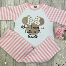 Load image into Gallery viewer, Personalised &#39;When I Wake Up I Will Be&#39; Minnie Mouse Pink And White Stripe Birthday Girls Pyjamas, Disney
