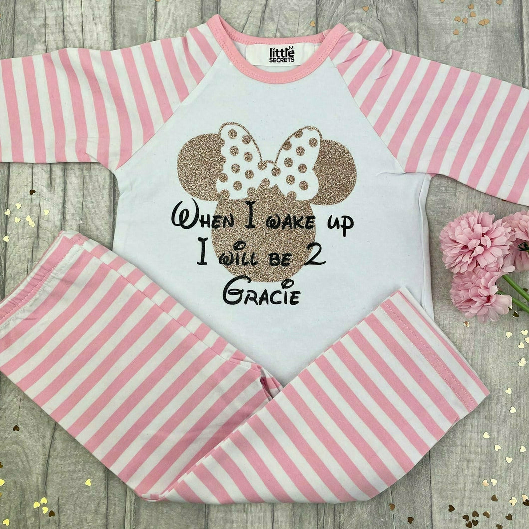 Personalised 'When I Wake Up I Will Be' Minnie Mouse Pink And White Stripe Birthday Girls Pyjamas, Disney