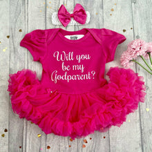 Load image into Gallery viewer, &#39;Will You Be My Godparent?&#39; Baby Girl Tutu Romper With Matching Bow Headband

