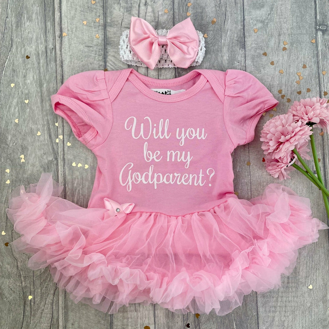 Will You Be My Godparent? Baby Girl Tutu Romper With Matching Bow Headband